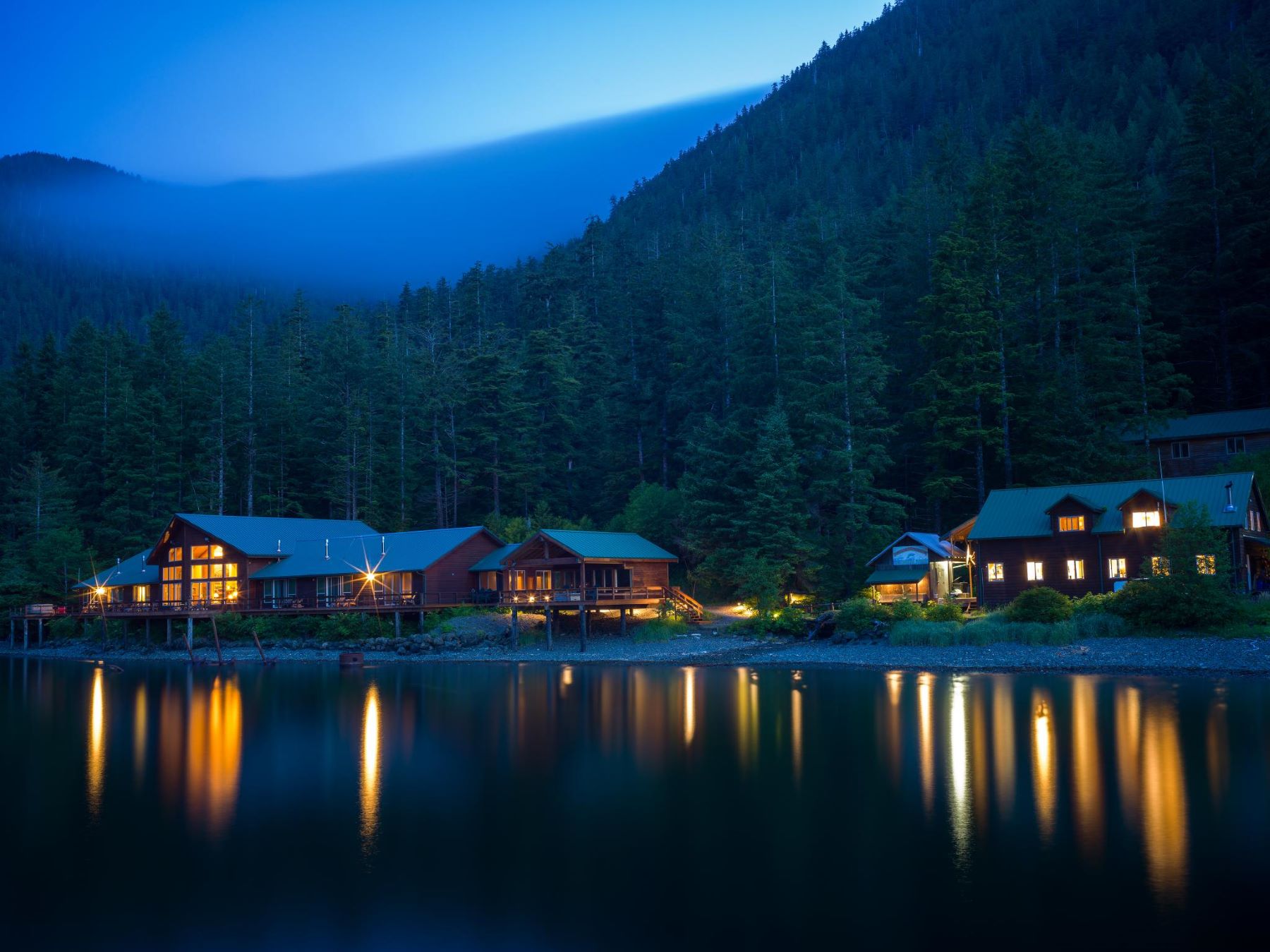 Fishing lodge at night in Alaska